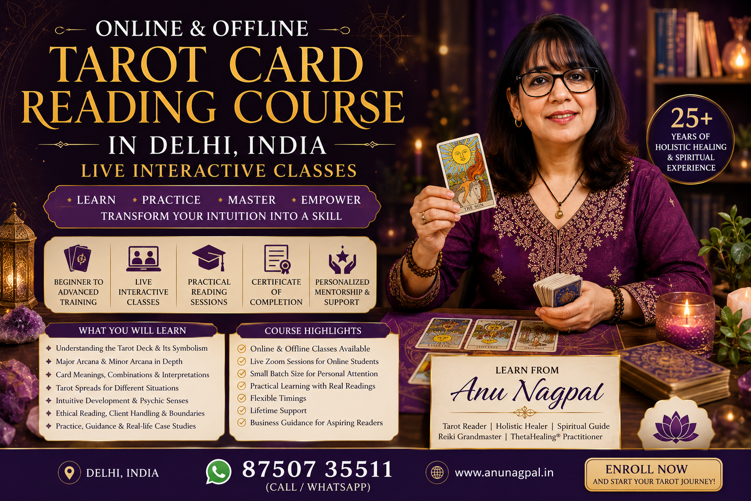 Online & Offline Tarot Card Reading Course in Delhi, India by Anu Nagpal with live interactive classes and practical Tarot training.