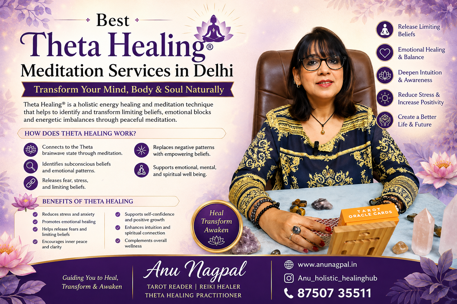 Best Theta Healing Meditation Services in Delhi by Anu Nagpal for stress relief, emotional healing, mindfulness, and holistic wellness.