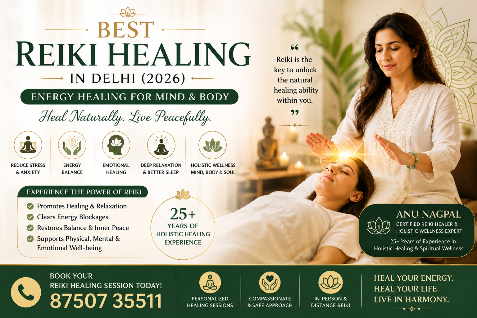 Best Reiki Healing in Delhi by Anu Nagpal offering personalized energy healing sessions for stress relief, emotional healing, relaxation, and holistic wellness with 25+ years of experience.