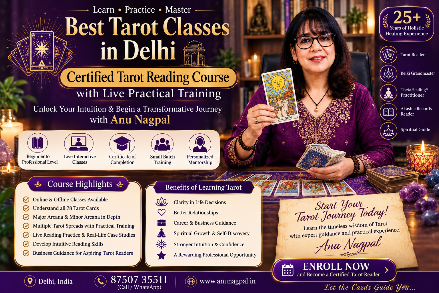 Best Tarot Classes in Delhi by Anu Nagpal offering a certified Tarot Reading course with live practical training, online and offline classes.
