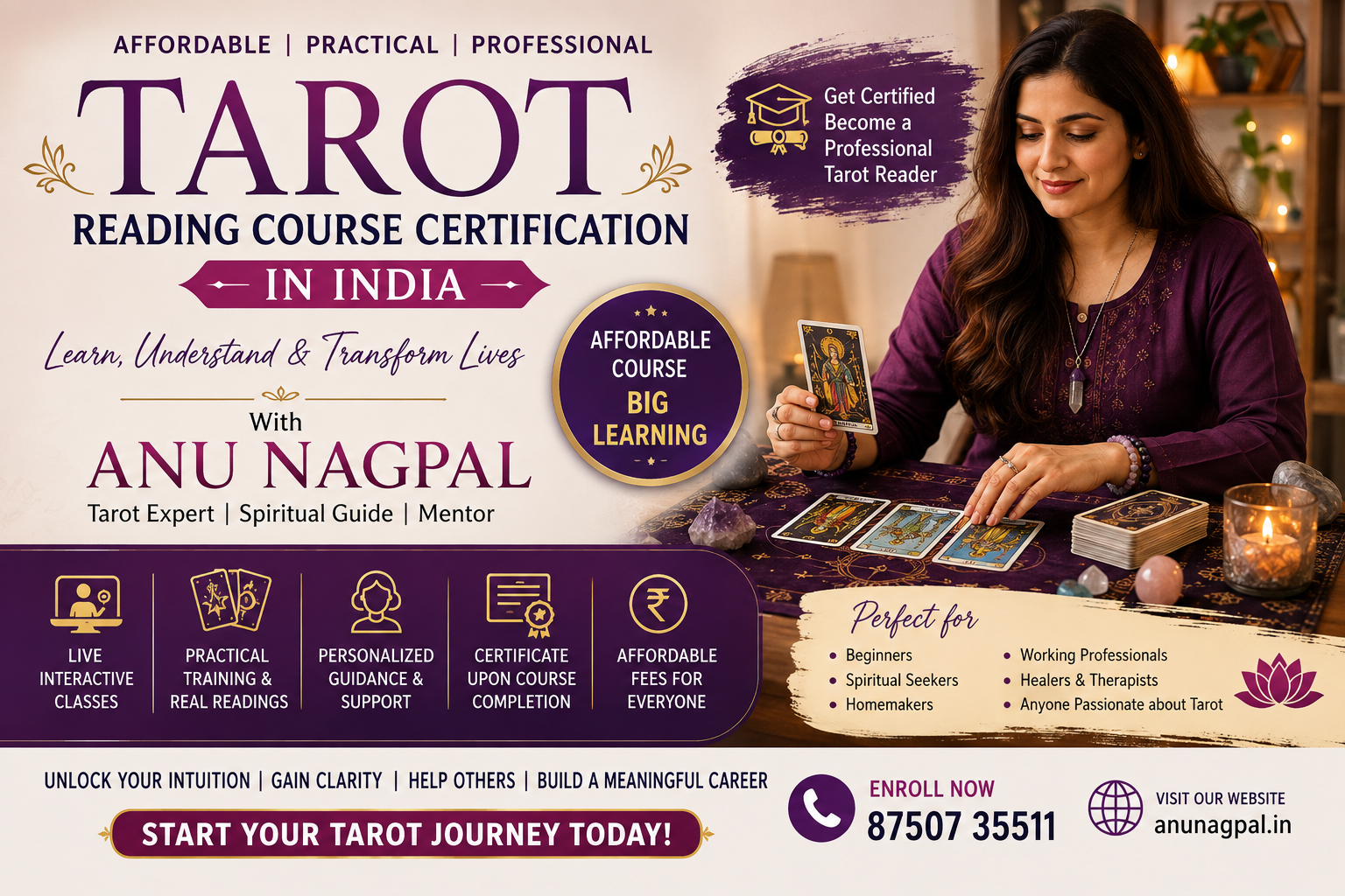 Affordable Tarot Reading Course Certification in India by Anu Nagpal with live online practical Tarot training and certification.