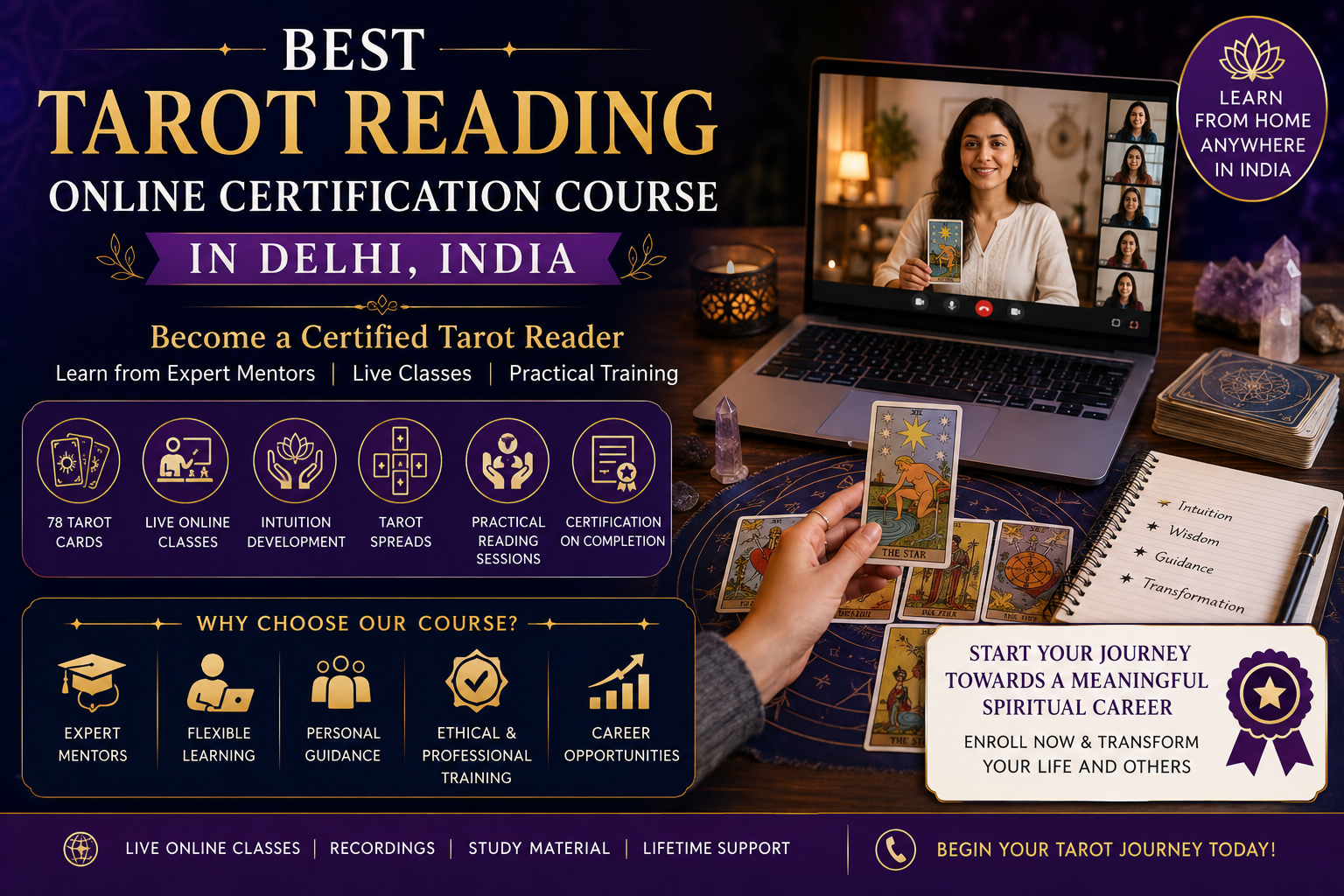 Best Tarot Reading Online Certification Course in Delhi, India with live online classes, practical Tarot training, and certification for aspiring Tarot readers.
