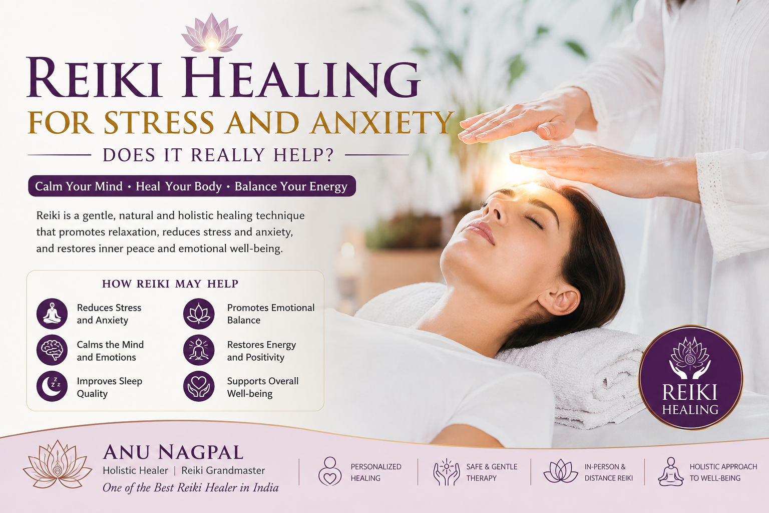 Reiki Healing for Stress and Anxiety by Anu Nagpal for natural relaxation, emotional balance, and holistic wellness in India.