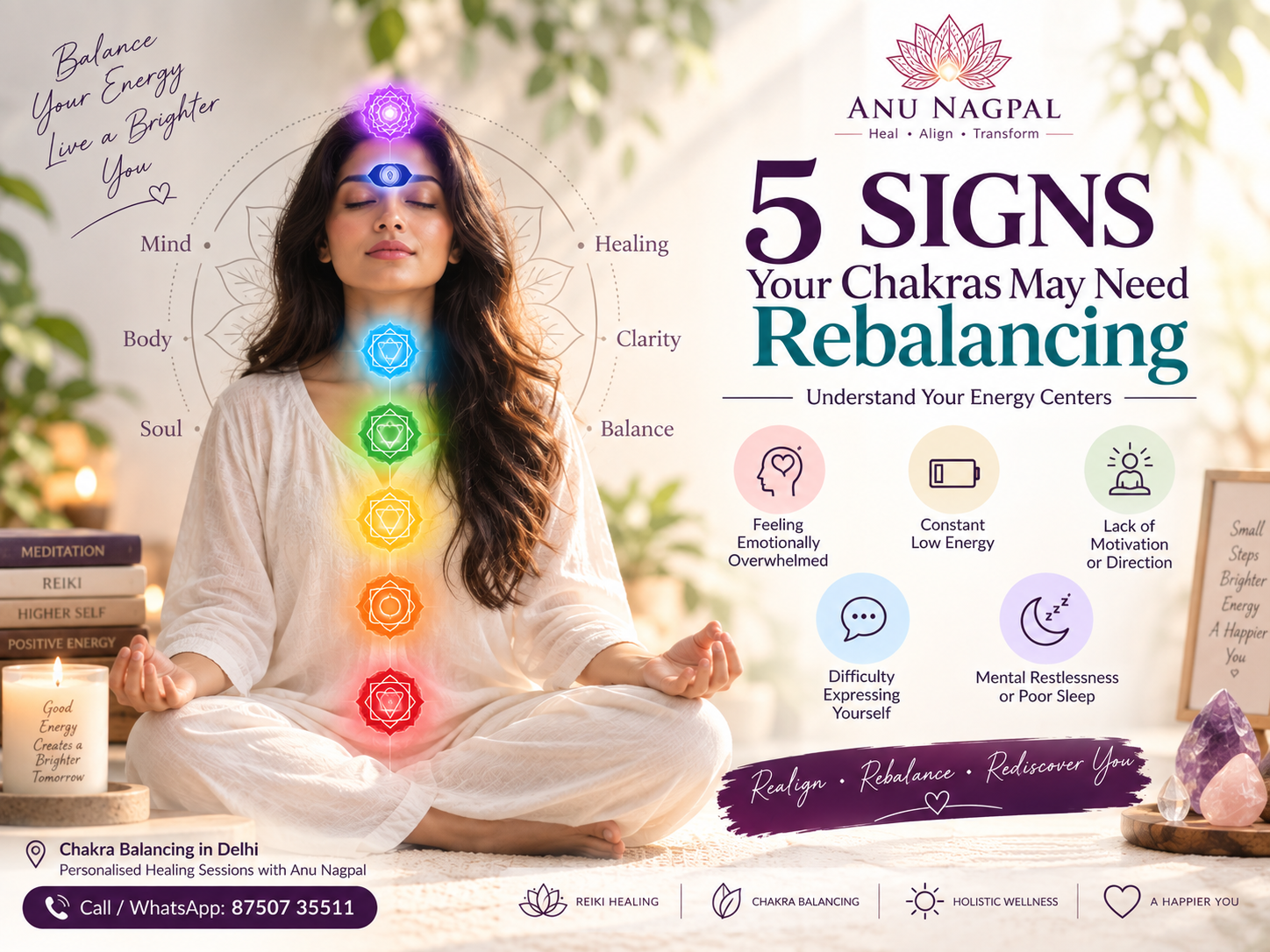 5 signs your chakras may need rebalancing with Anu Nagpal, showing emotional overwhelm, low energy, lack of motivation, communication difficulty, and mental restlessness.