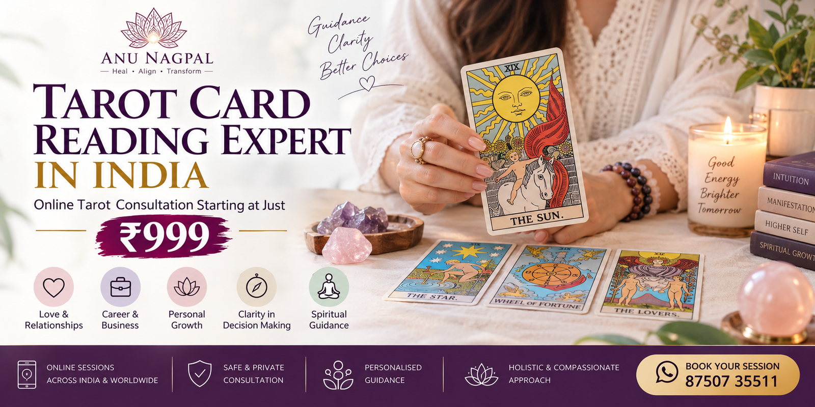 Tarot Card Reading Expert in India, Anu Nagpal, offering online Tarot consultation starting at ₹999 for love, career, and personal guidance.