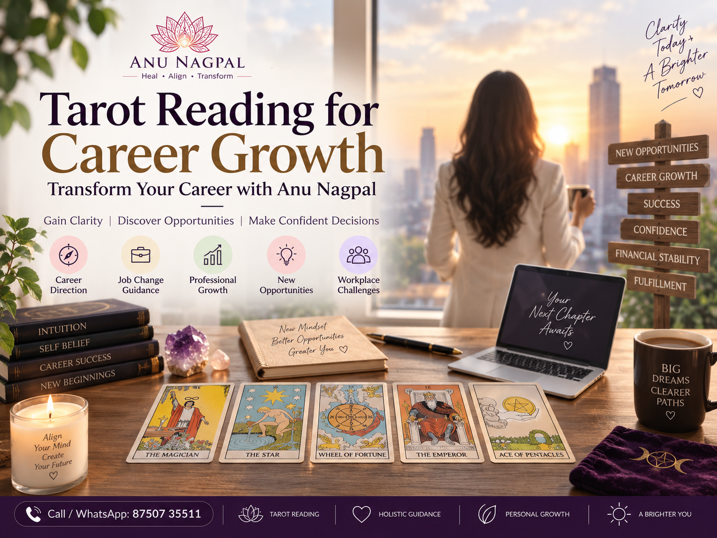 Tarot reading for career growth with Anu Nagpal offering intuitive guidance for career decisions and professional development.